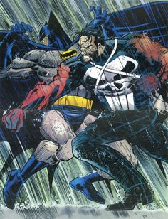 The Punisher Clocks Batman! // artwork by John Romita Jr., Klaus Janson and Christie Schelee (1994) Punisher Comics, John Romita Jr, Punisher Marvel, Batman Artwork, The Punisher, Batman Vs