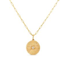 Diamond Fluted Medallion Necklace - 14K  - Olive & Chain Fine Jewelry Gold Medallion, Medallion Necklace, Bezel Diamond, Jewelry Inspo, Paper Clip, Gold Pendant, Charm Pendant, Yellow Gold, Chain