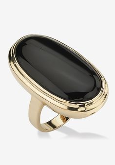 Impressive oval-shaped onyx shines with glamour in a superlative ring with a bezel setting. Wear it for sheer dramatic effect. Includes gift box and drawstring pouch. Sizes 5-10. 14k yellow gold platedMain Stone: 1 Oval Faceted Cut Genuine Black Onyx, 30 mm x 15 mmShank width: 3 mm wide; dimensions: 21 mm wide x 33 mm long x 5 mm high  | Women's Gold-Plated Black Onyx Ring by PalmBeach Jewelry in Gold (Size 8) Faceted Ring, Smoky Quartz Ring, Palm Beach Jewelry, Bezel Set Ring, Ringe Gold, Black Onyx Ring, Cabochon Ring, Classy Jewelry, Set Ring