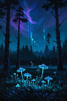 the night sky is full of stars and mushrooms