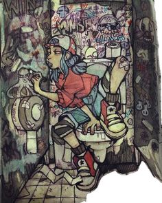 a drawing of a woman sitting on top of a toilet in front of graffiti covered walls