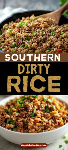 southern dirty rice in a white bowl with a wooden spoon on the side and title text overlay