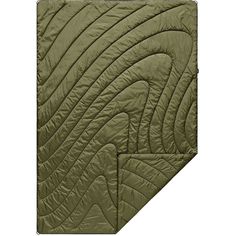 an olive green quilted blanket with wavy lines on the bottom and sides, along with a white background