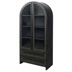 a black bookcase with arched glass doors