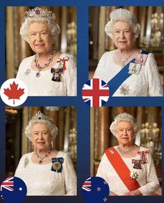 four pictures of queen elizabeth, the queen of canada and other people wearing tiaras