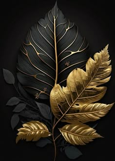 gold and black leaves on a black background