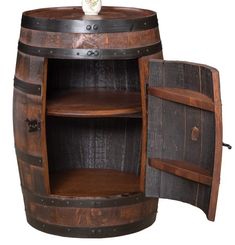 a wooden barrel shelf with an open door