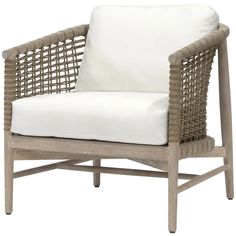 an outdoor chair with white cushions and wicker frame, viewed from the front view