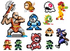 some pixel art with different types of characters on them, all in different colors and sizes