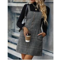 Tartan Plaid O Ring Zipper Overall Dress Without Tee. This Listing Is For The First Color. Other Color Listed Separately. Plaid Dress Outfit, Plaid Overall Dress, Tartan Dress, Short Dresses Casual, Long Sleeve Shirt Dress, Overall Dress, Dress Outfit, Dressy Casual, Plaid Dress