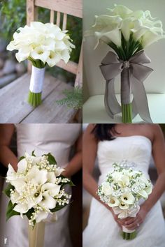 wedding bouquets and bride's bouquets are arranged in four different pictures, including white flowers