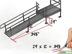 a hand holding a pen and pointing at the bottom of a ramp with stairs on it