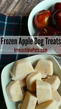 frozen apple dog treats in a white bowl next to an apple on a plaid tablecloth