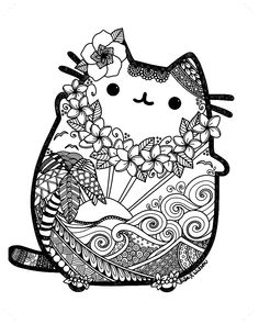 a black and white drawing of a cat with flowers on its head, sitting down