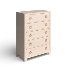 a white dresser with five drawers and two knobs on each drawer, in front of a white background