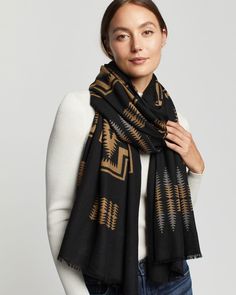 Indulge in the luxurious Harding Oversized Wool Scarf, featuring Pendleton's iconic 1923 jacquard design. Crafted from mercerized wool, this scarf is airy, lightweight, and irresistibly soft. Browse more stylish scarf options in our Accessories Collection. Harding Oversized Wool Scarf: 50" x 80" plus 1/2" eyelash fringe 100% wool. Care: Dry clean only. Check out our Facebook Photos and Instagram to find fun and inspirational ideas for decorating any space. Wool Bags, Pendleton Woolen Mills, Stylish Scarves, Wool Shirt, Jacquard Pattern, Shop Mens Clothing, Wool Scarf, Winter Scarf, Alexander Mcqueen Scarf