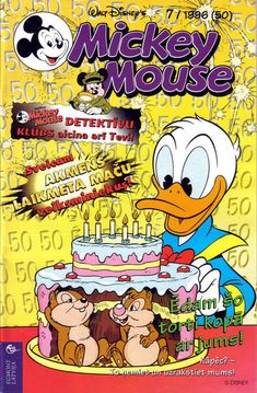 an advertisement for mickey mouse celebrating his birthday with two dogs and a cake on the cover