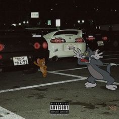 cartoon characters in parking lot next to parked cars at night with license plates on them