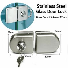 stainless steel glass door lock with key on the side and an image of it showing measurements