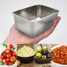 a hand holding a metal bowl filled with fruit and vegetables next to pictures of different foods