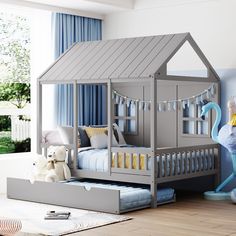 a child's bedroom with a bed and toys