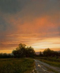 an oil painting of a dirt road at sunset