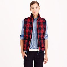 Excursion quilted vest in buffalo check : puffer | J.Crew Young Outfit, Buffalo Plaid Vest, Check Vest, Quilted Puffer Vest, Plaid Vest, Winter Mode, Standing Collar, Quilted Vest, Down Vest