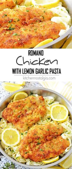 chicken with lemon garlic pasta in a skillet, and then topped with parmesan cheese