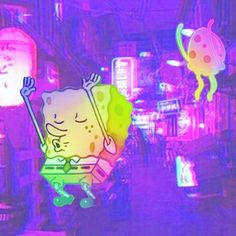 an animated image of spongebob in the middle of a room with neon lights