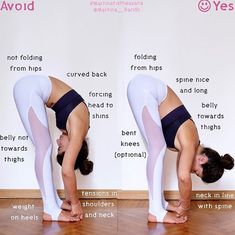 the woman is practicing her yoga moves in front of a white wall with words on it