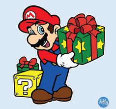 an image of mario holding a gift box with the question mark on it's side