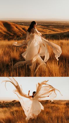 two pictures of a woman in a white dress with her arms spread out and flowing