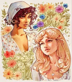 two women are standing next to each other in front of flowers and daisols