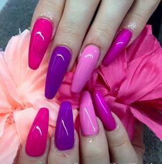 Pink And Purple Nails, Purple And Pink Nails, Acrylic Nail Designs Coffin, Purple Nail Designs, Purple Rainbow, Gelish Nails, Nails Design With Rhinestones, Purple Nail, Her Nails