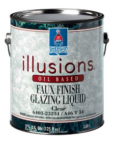 a white paint can with the words illusions oil based in red and blue on it