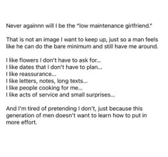 a poem written in black and white with the words, never again will i be the low maintenance girlfriend?