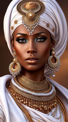 an african woman wearing gold jewelry and a white turban with pearls on her head