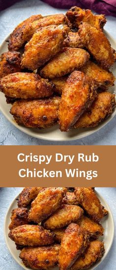 crispy dry rub chicken wings on a white plate with the words crispy dry rub chicken wings