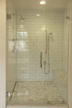 a walk in shower sitting inside of a bathroom