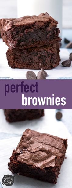 two pieces of chocolate brownies on top of each other with the words perfect brownies above them