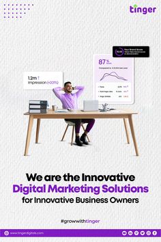 a man sitting at a desk in front of a whiteboard with the words we are the innovative digital marketing solution for innovative business owners