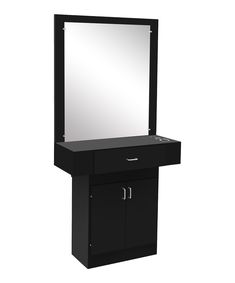 a black vanity with mirror and drawers