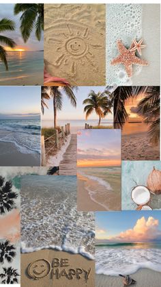 a collage of photos with the words be happy written in sand and palm trees