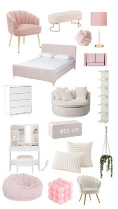 a collage of pink and white furniture