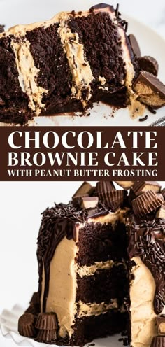 chocolate brownie cake with peanut butter frosting is cut into pieces and served on a white plate