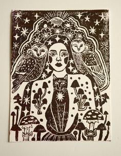 a black and white drawing of a woman with two owls on her head