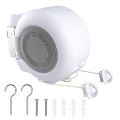 an image of a white speaker with hooks and clips on the side for earplugs