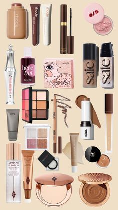 A collage of different trending makeup products Minimalist Makeup Collection, Trendy Makeup Products, Aesthetic Christmas Gift Ideas, Gift Ideas Secret Santa, Gift Ideas Trendy, Makeup Christmas Gifts, Gifts For Makeup Lovers, Makeup Collection Goals, Secret Santa Ideas