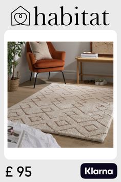 a white rug with an image of a chair and table in front of the carpet