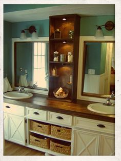 before and after pictures of a bathroom remodel with white cabinets, wood counter tops and drawers